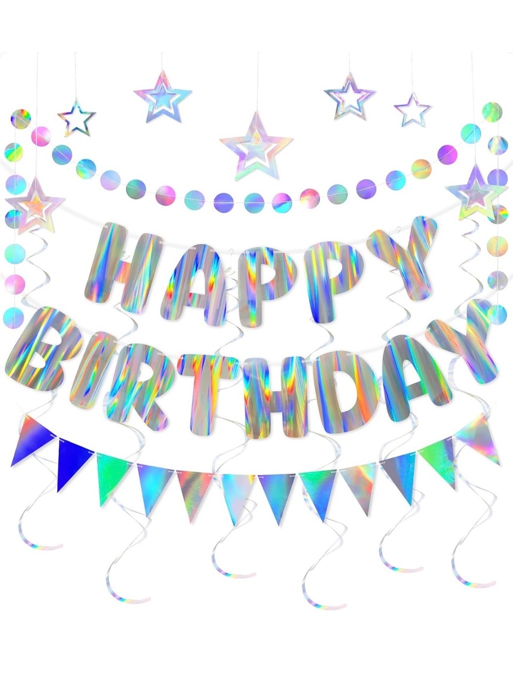 Holographic 'Happy Birthday' Banner and Hanging Star Party Decorations